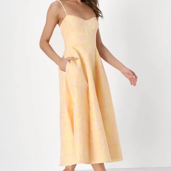 Lulus Meet for Tea Yellow Jacquard Bustier Midi Dress With Pockets - Picture 3 of 7